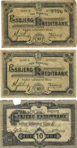 Esbjerg Kreditbank, 2. udgave , 10 øre u. år store rifter, 3 udgave B, 10 øre u. år, 10 øre u. år blanket, Sieg 7, 19, i alt 3 stk., ex. Peter Flensborg