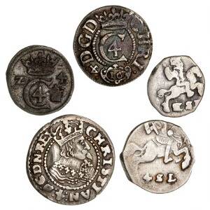 Christian IV, Glückstadt, søsling lybsk 1624, 2 skilling lybsk u. år, 3 skilling lybsk 1624, 1645, 4 skilling lybsk u. år, H 171, 168, 170, 176B, 167, 5 stk.