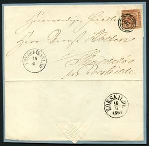 AFA 7 1858. 4 Skilling, brun pÃ¥ brev fra FREDERIKSSUND, num. 20, 16.6.1861 til Skuldeløv, pr. Roskilde –º
