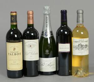 Samling blandede vine champagne bl.a. Chateau Rol Valentin, Chateau Talbot m.m. 5