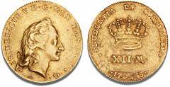 Kurantdukat 12 mark 1758, ABVH, H 22A, S 2, Sieg 21.1, F 269, særdeles sjælden type med Arbiens smukke portræt af Frederik V