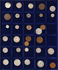 Dansk Vestindien, Christian VI - Christian X, typesamling med mønter i varierende kvalitet, incl. 1, 2 francs 1905, 1907, 12 skilling 1740 med loddespor, 30 stk