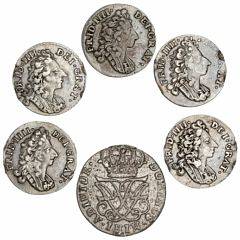 Norge, Frederik IV, 12 skilling 1721, NM 16, H 15, 8 skilling 1705, 1706, 1710, 1711, 1714, NM 26, 27, 31, 32, 35, H 7B, i alt 6 stk., alle med monteringsspor