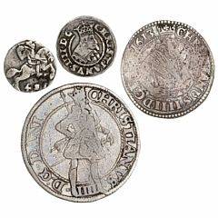 Christian IV, krone 1621, H 106C, mark 1613, H 99A, Glückstadt, 4 skilling lybsk u. år, H 167, 3 skilling lybsk 1643, H 176A, i alt 4 stk.