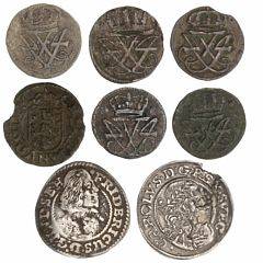 Lille lot skillingsmønter, Christian V, skilling 1681, Frederik IV, skilling 1722 4 stk., Rendsborg, skilling 1719, Bremen Verden, 116 taler 1670, ........