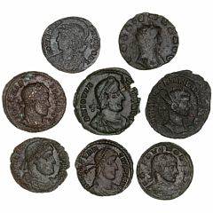 Romerske kejserdømme, 8 kobbermønter fra kejserne Claudius Gothicus, Constantius og Jovian, bl.a. 8