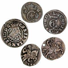 Christian IV, Glückstadt, søsling lybsk 1624, 2 skilling lybsk u. år, 4 sk. lybsk u. år perf., 3 skilling lybsk 1623, 1643, H 171, 168, 167, 170, 176A, 5 stk.