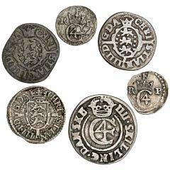 Christian IV, skilling 1621, skilling 1621, 2 skilling 1627, 2 skilling 1648, 2 skilling 1644, 4 skilling 1645, H 119B, 119, 134, 151A, 151B, 150, i alt 6 stk.