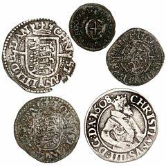 Christian IV, hvid 1624, skilling 1619, 2 skilling 1618, 4 skilling 1617 kantskader, 8 skilling 1608, H 137, 80F, 79D, 100B, 96, i alt 5 stk.