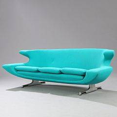 Hans Erik Johansson Fritstående tre-pers. sofa med stel af stål med indlæg af Ostindisk palisander. Betrukket med turkis uld.