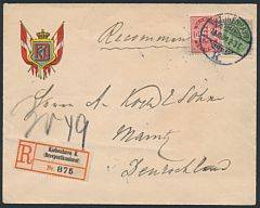 1903. 25 øre, grågrøn. Vm.III og 10 øre, Våben, rød, tk.12. Dekorativt anbefalet brev sendt til Tyskland.