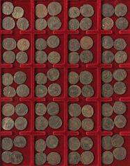 Romerske kejserdømme, 80 kobbermønter fra Valentinianus, Theodosius, Aelia Flaccilla, bl.a.