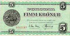 Færøerne, 5 kr u. år. 1955, N. Elkær-Hansen Kr. Djurhuus, Sieg 22B, pick 13