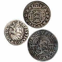 Frederik II, 1 skilling 1563, H 12, kval. 1, Christian IV, 6 skilling 1629, H 140B, kval. 1-1, Frederik III, 2 skilling 1663, H 132B, kval. 1, i alt 3 stk.
