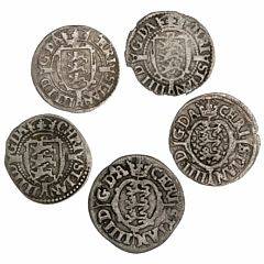 Christian IV, 2 skilling 1625, 1627, 1629, H 134A, B, Sieg 35.1, 2, 2 skilling 1644, 1645, H 151A, Sieg 37.1, i alt 5 stk. i varierende kvalitet