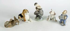 Bing Grøndahl og Royal Copenhagen Hunde, panfigur med ugle og fløjte og dreng med harmonika 5