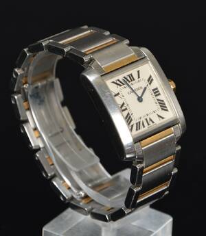 Cartier, damearmbåndsur, sølvfarvet 18 karat guld, model Tank Francaise