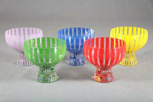 BENGT ORUP 1916-1996, COUPEGLAS, 5 ST, STRIKT, JOHANSFORS GLASBRUK, 1950-TAL, HANDMÅLAD DEKOR AV RÄNDER I OLIKA FÄRGER