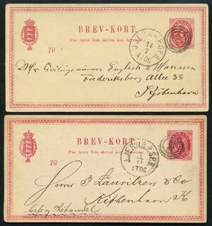 Bureaustempler. J.JERNB.P.SP.B. og NUM 216. To smalle brevkort, 4 Sk. og 8 Øre sendt fra hhv. Rosenvold og Randers