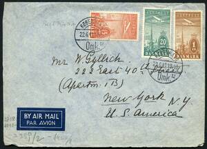 AFA 217,218,220 1934. Luftpost 1 Krone, brun, 20 Øre, blågrøn nog 15 Øre, rød på Luftpostbrev sendt fra KØBENHAVN 22.6.1941 til New York, USA. Tysk censur