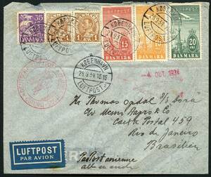 AFA 216,217,218,207,211 1934. Luftpost, 10 Øre, orange og 15 Øre, rød samt 20 Øre, blågrøn med flere på Luftpostbrev sendt fra KØBENHAVN 28.9.1934 til Rio de Janeiro, Brasilien. Transitstemplet HAMBURG 28.9.34