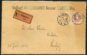 AFA 193,194 1930. Christian X, 60 år. 30 Øre, gul og 35 Øre, rødbrun på værdibrev 695 Kroner 5 Øre fra SLAGELSE 29.7.1931 til Havrebjerg.