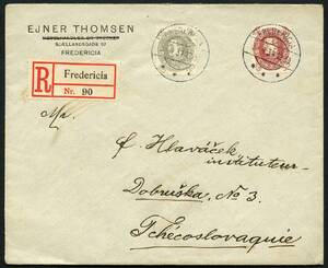 AFA 191,194 1930. Christian X, 60 år. 20 Øre, grå og 35 Øre, rødbrun på rekommanderet brev sendt fra FREDERICIA, 3.4.1934 til Tjekkoslovakiet.