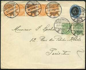 AFA 34C,37. 1902 Våbentype 5 Øre, grøn 2 og 1 Øre, orange 5-stribe som opfrankering på 54 Øre helsagskonvolut sendt fra KJØBENHAVN F, 28.7.1904 til Paris