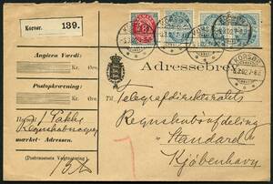 AFA 25By,36Bz 1895. 8 Øre, grårød og Våbentype, 20 Øre, blå 3 på Adressebrev for 1 pakke sendt fra KORSØR, 6.3.1902 til København. Højre 20 øre med matricefejl Brud på ydre cirkellinie om højre 20