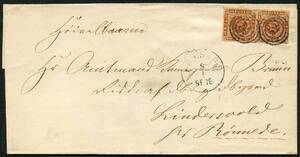 AFA 9 1863. 4 Skilling, brun 2, på brev sendt fra PRÆSTÖE 8.1.1864 til Amtmand Bruun, Ridder af Dbg og Dbgmd., Lindersvold pr. Rønnede