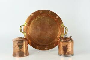 BRICKA, hink med lock, samt flaska, koppar, bl.a. 1800-tal