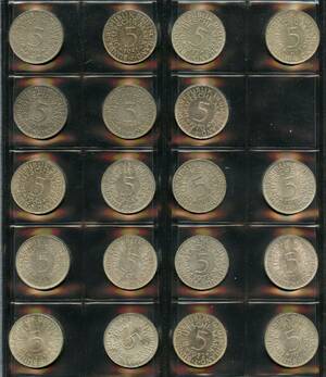Tyskland 5 Mark 1951-1974, i alt 19 stk.