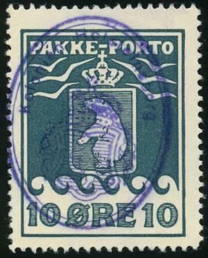 AFA 15 1937. Pakkeporto, 10 Øre, grønblå, Schultz. Annulleret med skjoldstempel Kolonien Holsteinsborg. LUXUSOBJEKT