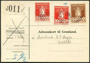AFA 12,16 1930. Pakkeporto, 3 Kroner, brun og 20 Øre, rød, Schultz 2. Adressekort for 1 pakke sendt fra København i 1938 til Godthaab. Annulleret med stÃ¥lstempel GRØNLANDS STYRELSE 13.X.38. –º