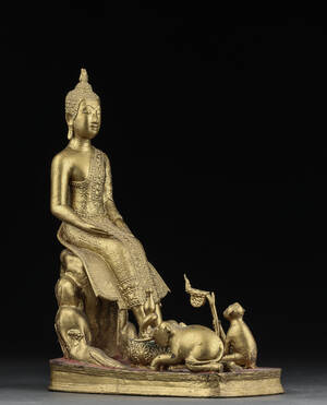 Thailandsk buddha af forgyldt bronze støbt med elefant og abekat