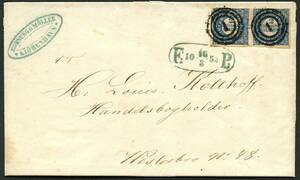AFA 2b 1852. 2 Rigsbankskilling, Thiele, Plade I, Position 72-73, Type 65 par. Fodpostbrev sendt udenfor voldene. Annulleret med nummerstempel 1 og sidestemplet med fodpoststempel FP 16.3.1853 i bl̴ farve. м