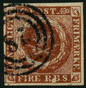 AFA 1IIIe 1854. FIRE R.B.S. Thiele III, Plade IV, Position 44, kastaniebrun. Annulleret med nummerstempel 28 HOLBÆK. Attest Slavomir Kaiser 1979.