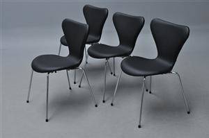 Arne Jacobsen. Fire stole syveren, model 3107, nybetrukket med sort læder 4