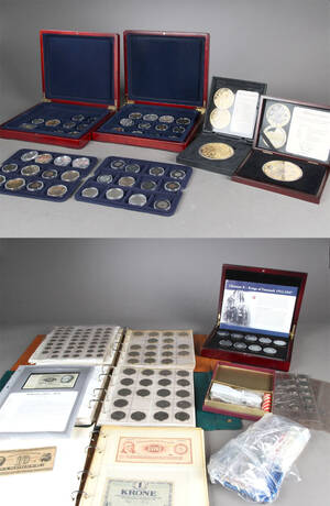 Danmark m.m. Bl.a. mønter, medaljer, sølv, sedler m.m