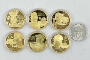 MINNESMYNT, 6 st, förgyllt silver, Sveriges regenter, samt TVÅKRONA, silver, 1958