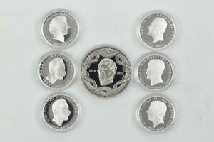 MINNESMYNT, 6 st, silver, Konungaätten Bernadotte, samt MINNESMYNT, Bernadotte 200 år, kopparnickel
