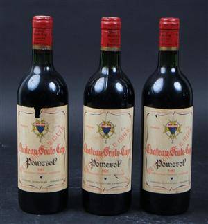 Rødvin. 3 fl. Chateau Grate-Cap 1981, Pomerol. 3