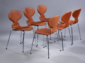 Arne Jacobsen. Et sæt på seks stole, Myren, model 3101, cognacfarvet anilin læder, Siddehøjde 46,5 cm. 6