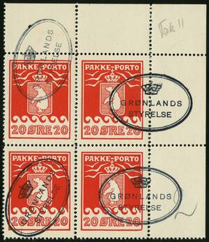 AFA 16 1937. Pakkeporto, 20 Øre, rød, Schultz 4-blok med øvre højre hjørnemarginal. Annulleret med ovalstempel GRØNLANDS STYRELSE i sort.