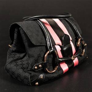 Gucci Black Monogram Pink-Stripe Horsebit BagL