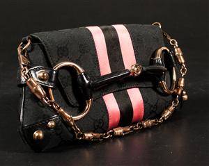 Gucci Black Monogram Pink-Stripe Horsebit BagS