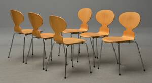 Arne Jacobsen. Sæt på seks stole, Myren, model 3101 6