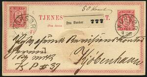 Skilling T4 1874. Tjenestebrevkort, 8 Øre, rød opfrankeret med Tjeneste 8 Øre, rød og anvendt som adressekort for 1 pakke fra KORSØR 2.6.1885 til København. Laksegl på bagsiden Expeditionen af de Kgl. Post-Dampskibe i Korsör