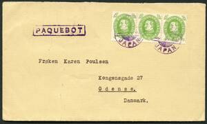 AFA 186 1930. Christian X, 60 år. 5 Øre, lysgrøn 3-stribe på PAQUEBOT brev sendt fra JAPAN til Odense. Ankommet 8.4.1931.