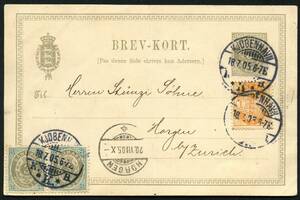 AFA 22C,37 1895. Tofarvet, 3 Øre, blågrå par og Våbentype 1 Øre, orange som opfrankering på 3 Øre Enkeltbrevkort. Sendt fra KJØBENHAVN 18.7.1905 til HORGEN, Zürich.